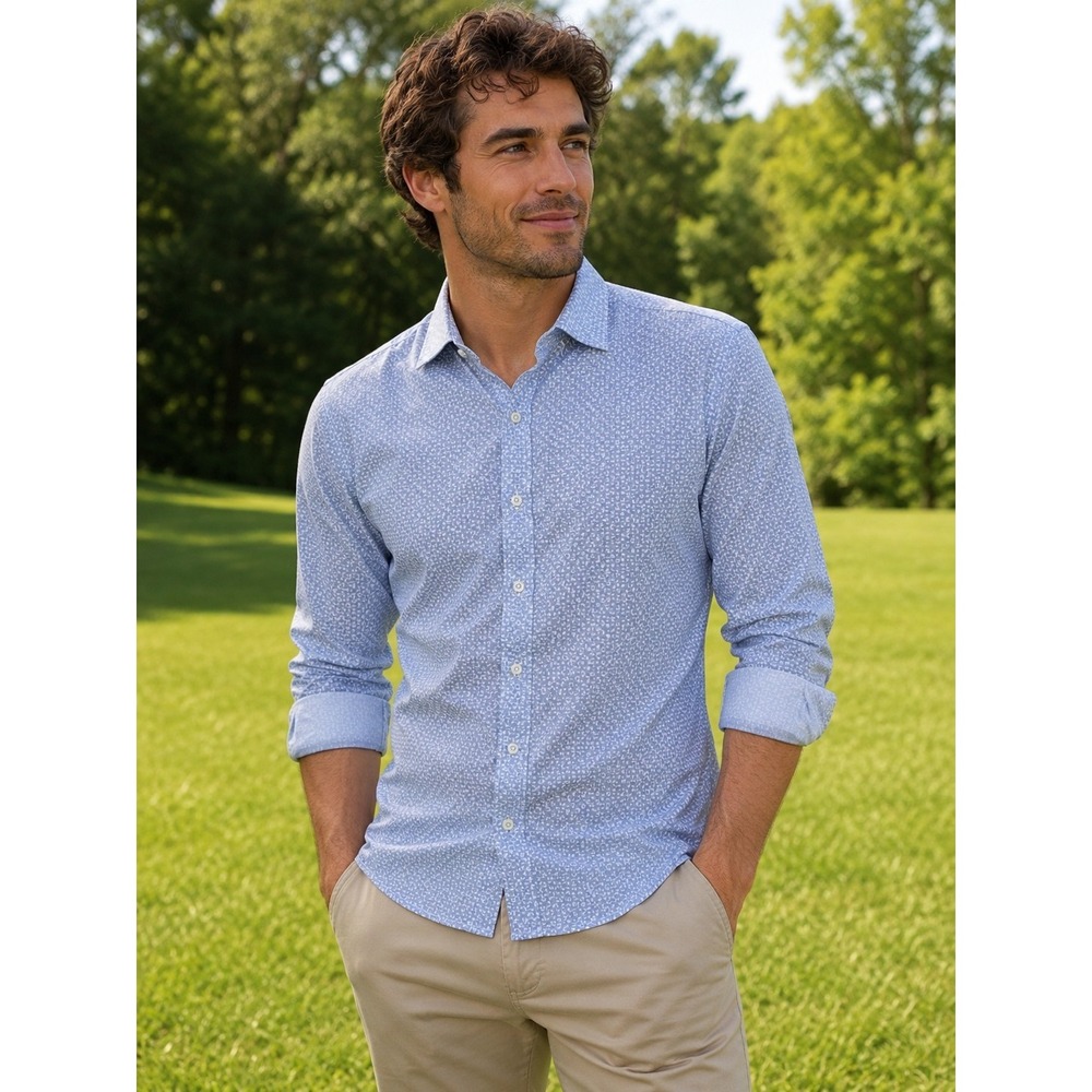 J LINDEBERG Large‎ Slim Fit Blue White Geometric Long Sleeve Poplin Shirt -2399